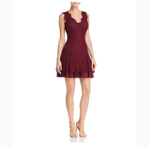 Betsy & Adam maroon lace dress with tulle underlay
